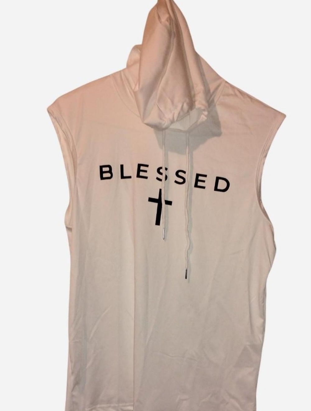 Men's Small White "BLESSED" Sleeveless Hoodie Muscle Tee with Cross Graphic NEW